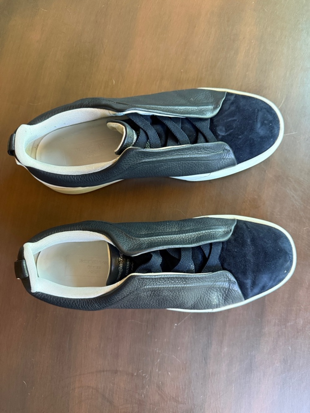 Ermenegildo Zegna Navy and White Leather & Suede Low-Top Sneakers